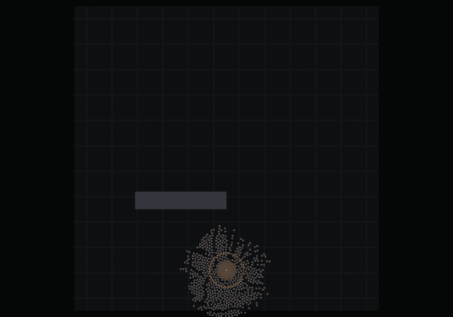 Colony extinction: empty pheromone fields and a rosette of dead ant corpses around the nest entrance.