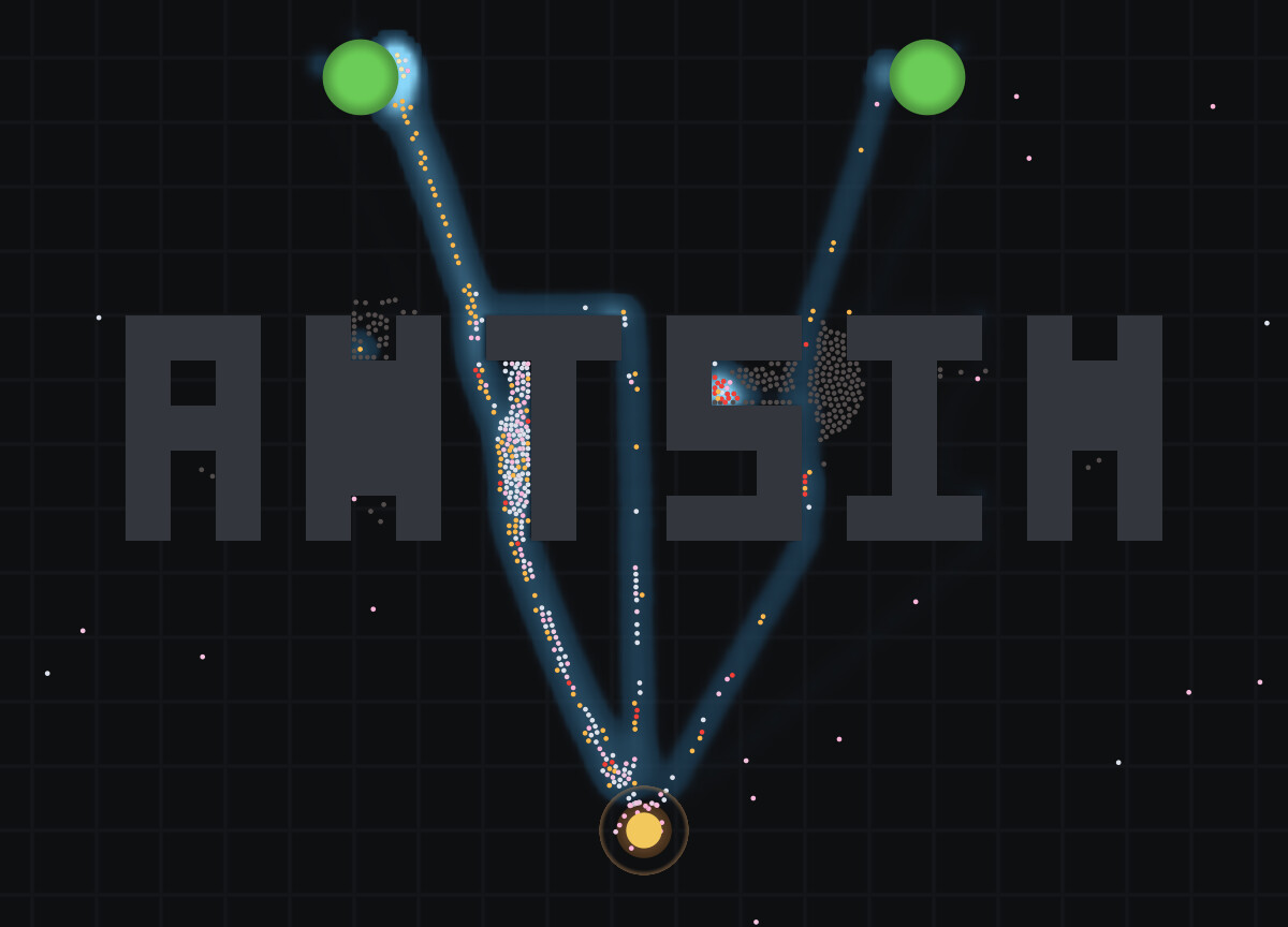 The word ANTSIM spelled in solid terrain obstacles, with two ant trails threading between the letters from a nest below to two food sources above.